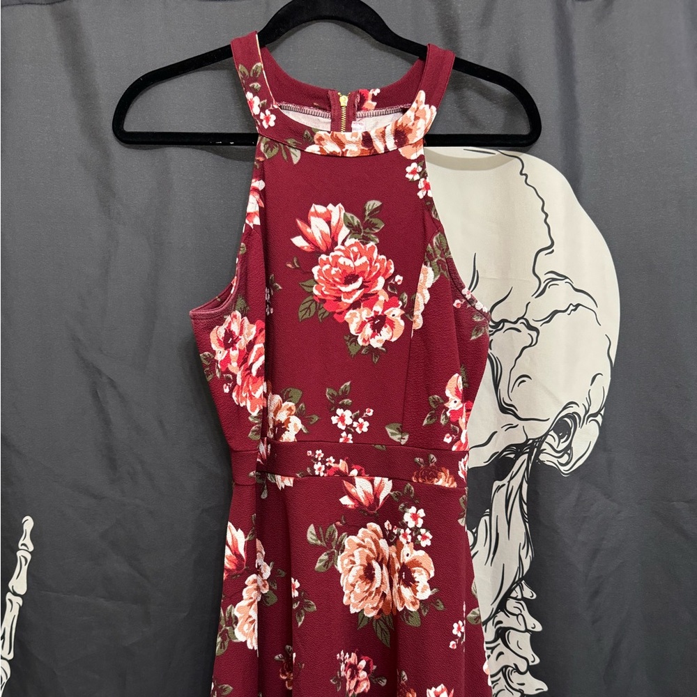 rave Wine Red Floral Halter Midi Dress